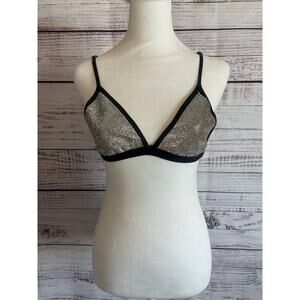 Bikini Bra Top Black Silver Rhinestones Size Small Lined